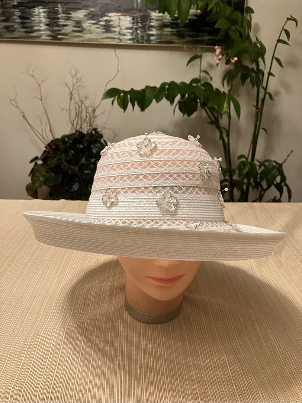 Elegant White Women's Wide-Brim Hat With White Sequined Beaded Floral Accents
